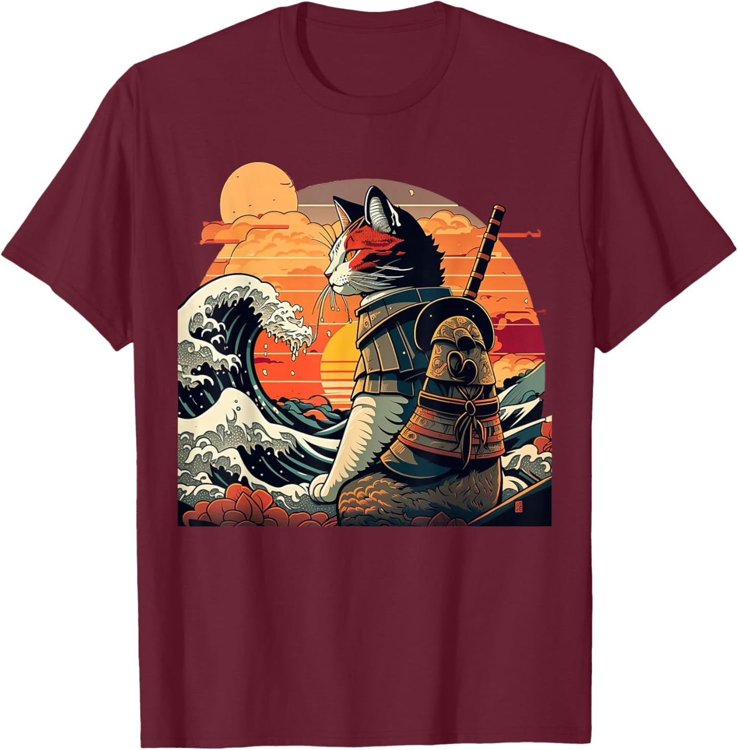 Japanese Retro Samurai cat The Great Wave by Hokusai T-Shirt - T-Shirt | Maroon