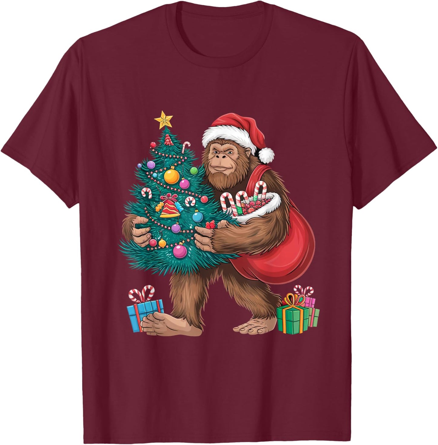 Santa Bigfoot Christmas Tree Lights Xmas Sasquatch Lovers T-Shirt - T-Shirt | Maroon