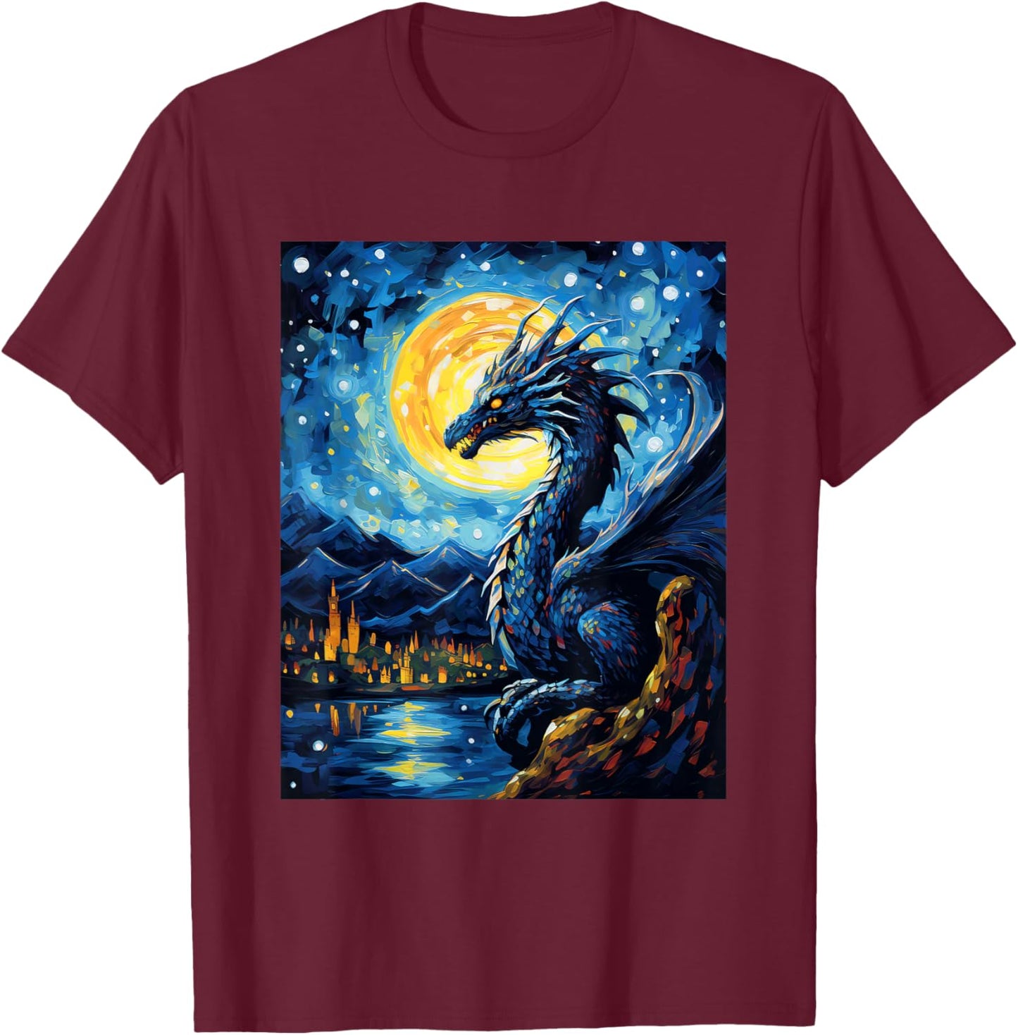 Dragon Starry Night Van Gogh Dragon Lover Art T-Shirt - T-Shirt | Maroon