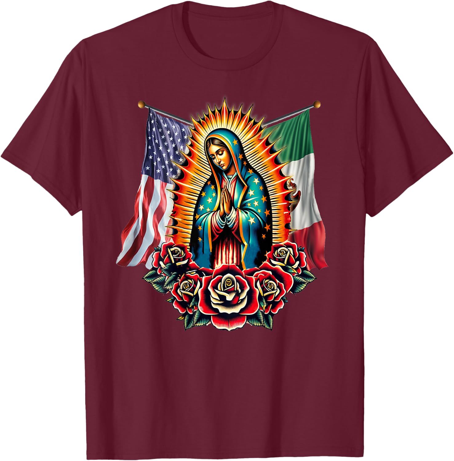 Virgen De Guadalupe Virgin Mary Mexican American Flag T-Shirt - T-Shirt | Maroon