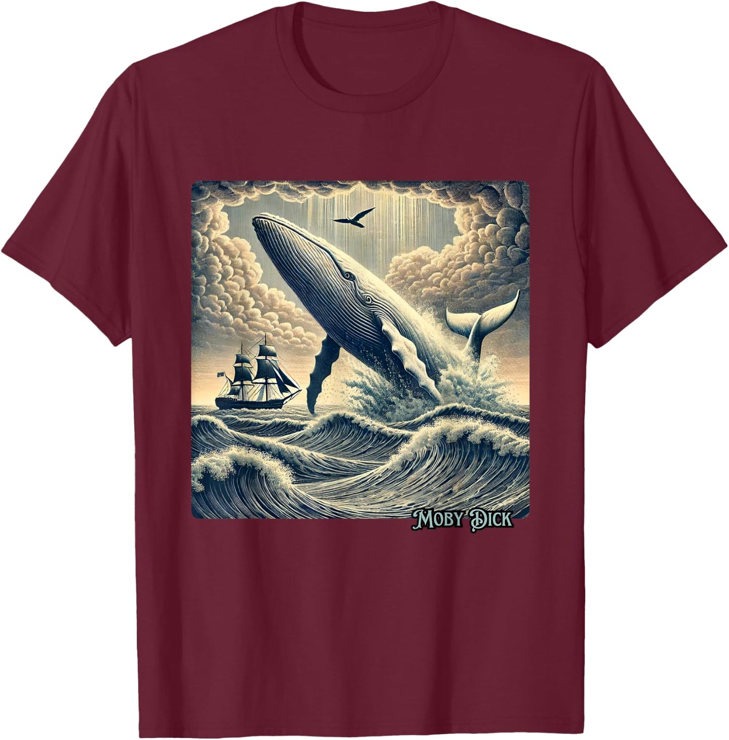 Moby Dick Adventure Graphic | Nautical Whale Tale Design T-Shirt - T-Shirt | Maroon