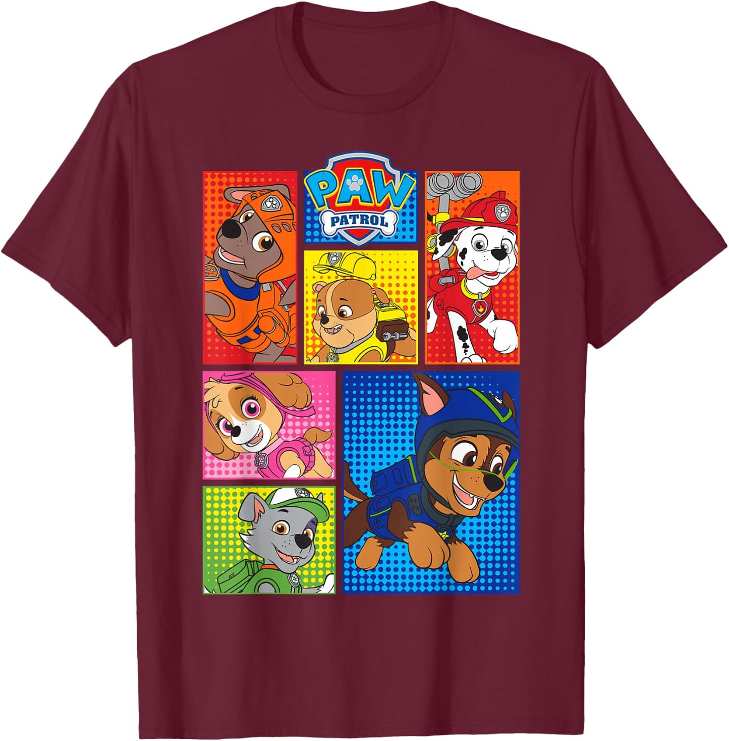 Paw Patrol Group Shot of Pups in Shapes T-Shirt - T-Shirt | Maroon