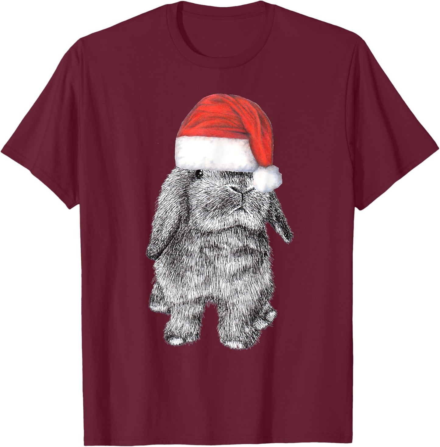 Lop Eared Bunny Rabbit In Santa Claus Christmas Hat T-Shirt - T-Shirt | Maroon