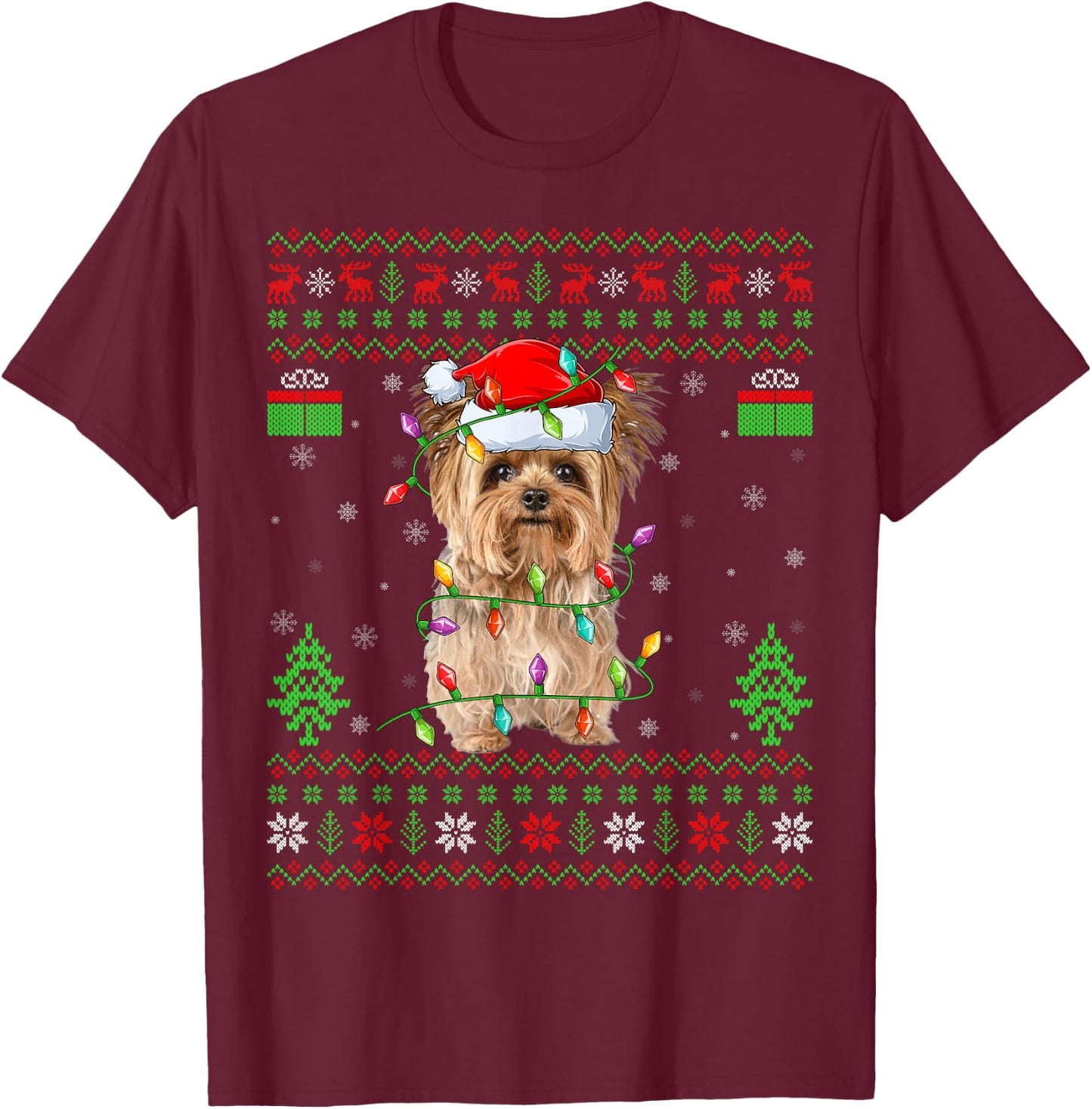 Yorkie Dog Ugly Xmas Lighting Santa Yorkie Dog Christmas T-Shirt - T-Shirt | Maroon