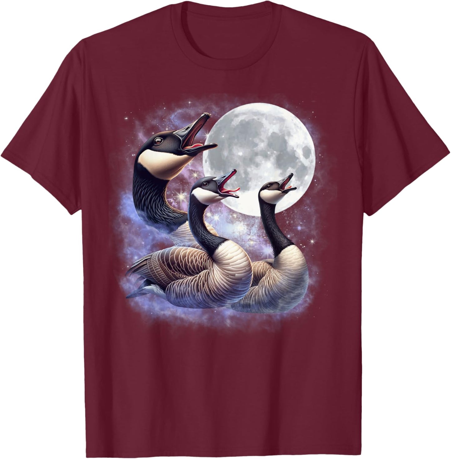 Three Geese Moon Funny Goose Howling Wolfs Moon Parody T-Shirt - T-Shirt | Maroon