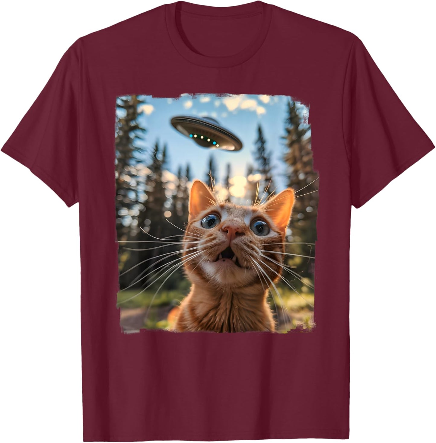 Extraterrestrial Encounter: Cat Selfie with Alien UFO Men Women Kids T-Shirt - T-Shirt | Maroon