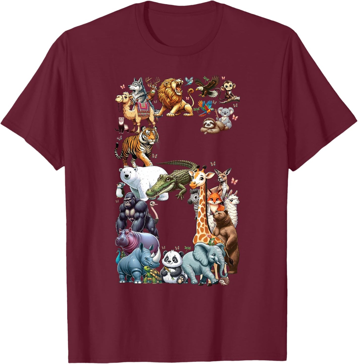 6. Geburtstag 6 Jahre alt Zoo Tiere Wildlife Safari Dschungel T-Shirt - T-Shirt | Maroon