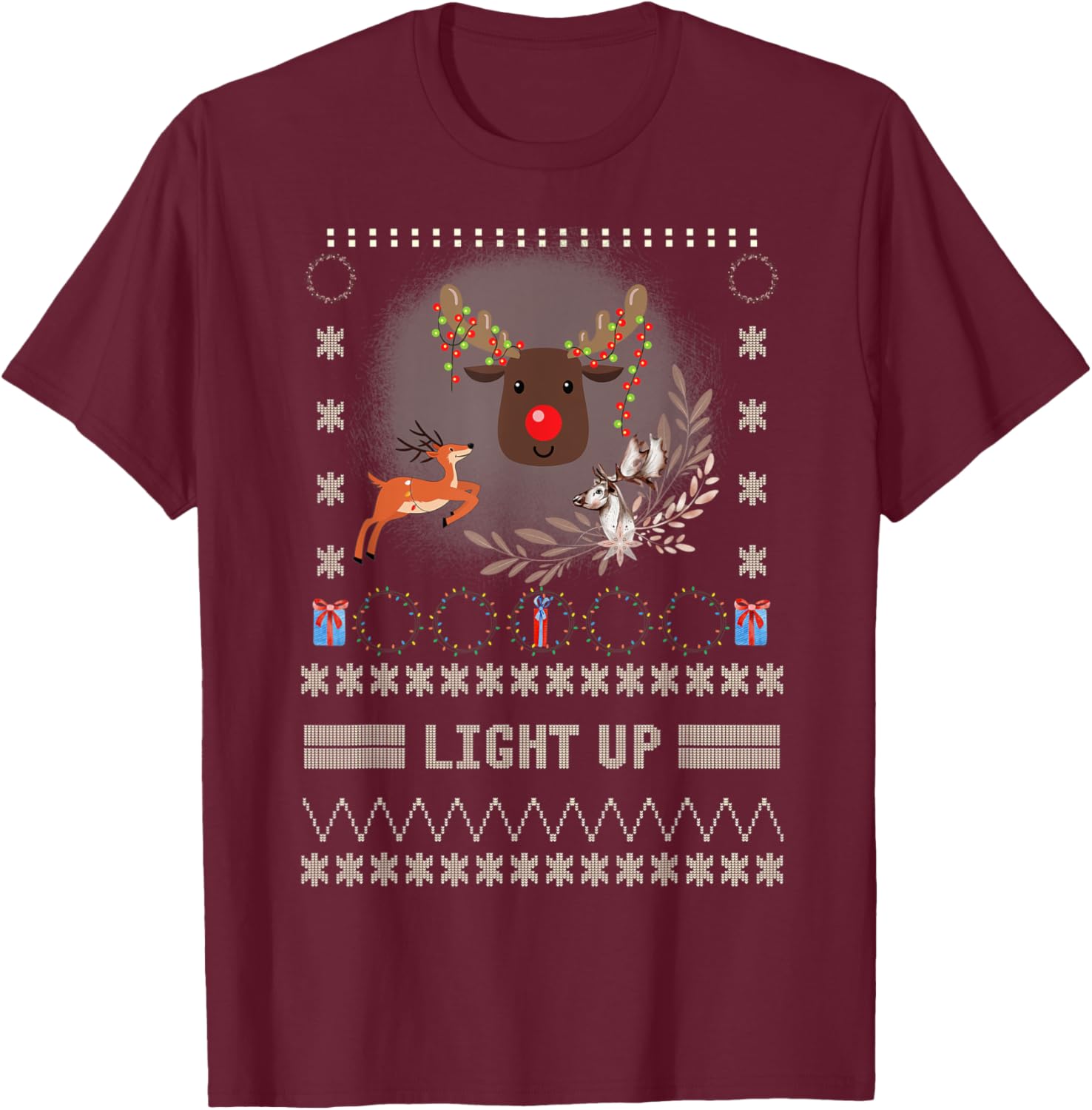 Men Led Light Up Reindeer Ugly Christmas Sweater Holiday T-Shirt - T-Shirt | Maroon