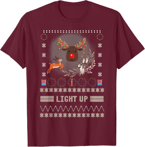 Men Led Light Up Reindeer Ugly Christmas Sweater Holiday T-Shirt - T-Shirt | Maroon