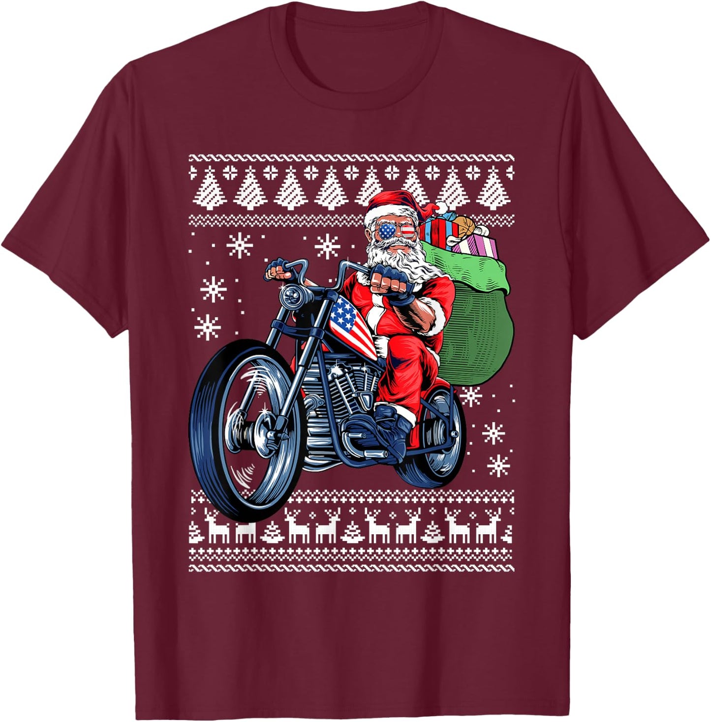 Santa Claus With Motorcycle Xmas Tree Ugly Christmas Sweater T-Shirt - T-Shirt | Maroon