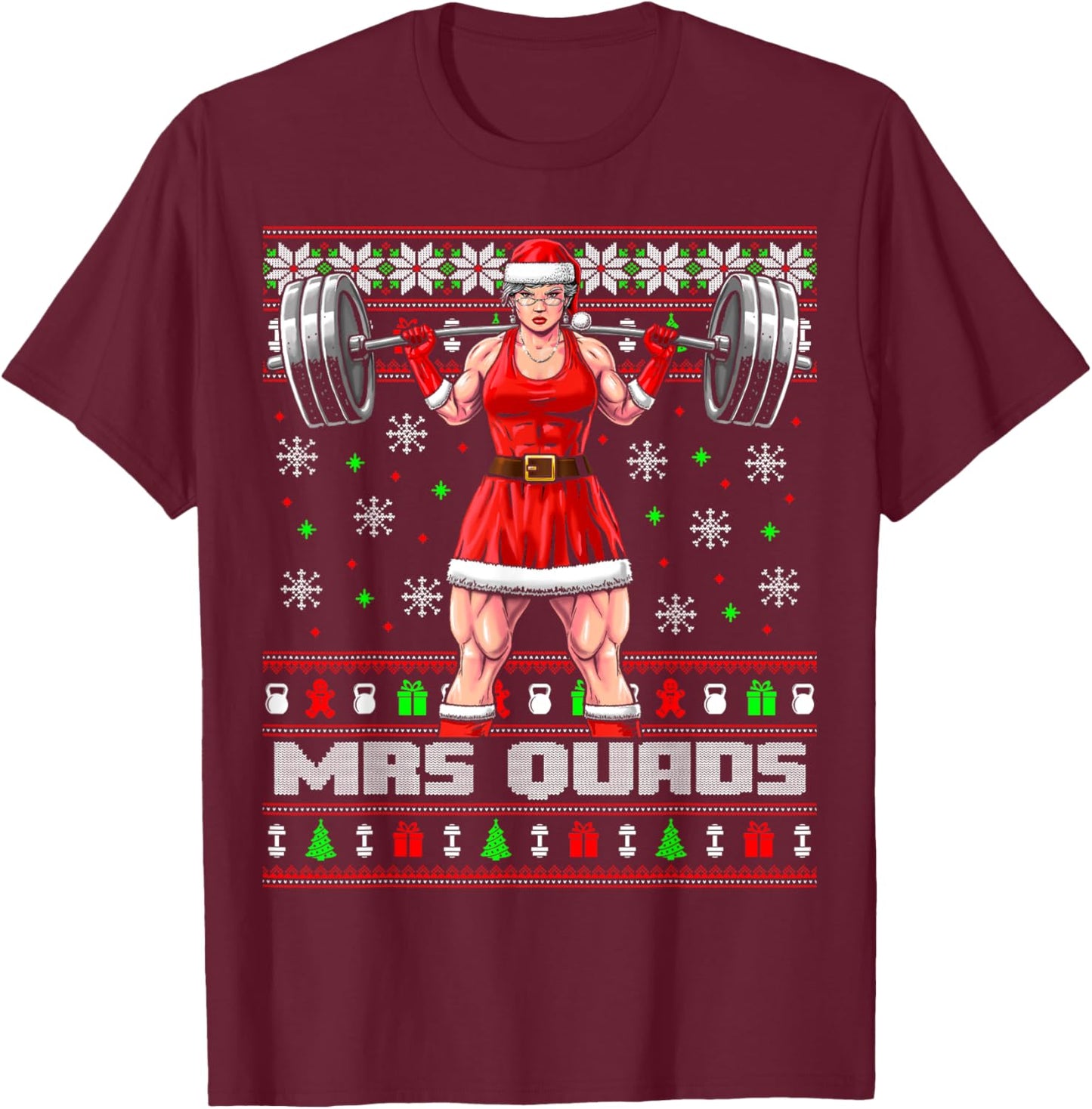 Mrs Quads Funny Christmas Workout Shirt Lifting Gym Sweater T-Shirt - T-Shirt | Maroon