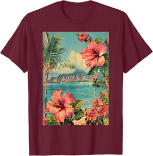 Tropical Kauai Hawaii Flowers Mountain View Art T-Shirt - T-Shirt | Maroon