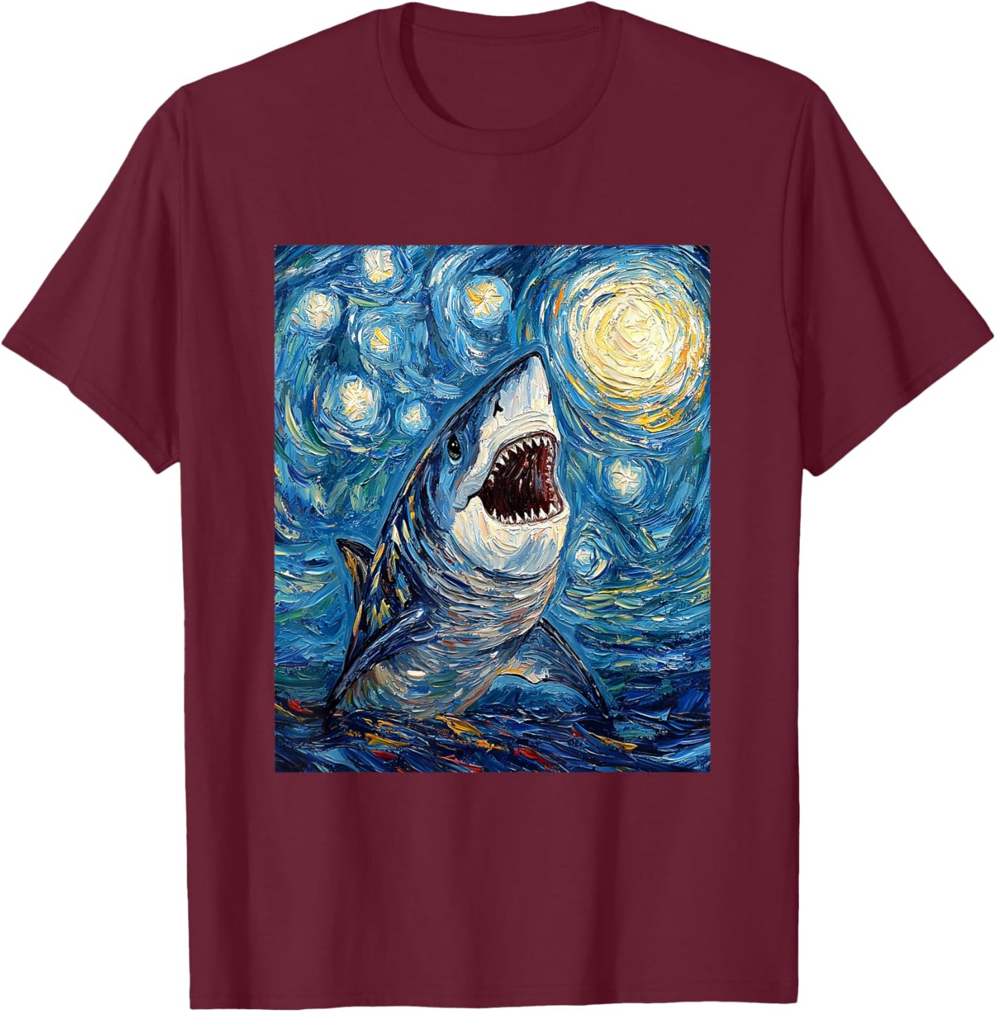Funny Shark - Van Gogh Style - Starry Night T-Shirt - T-Shirt | Maroon