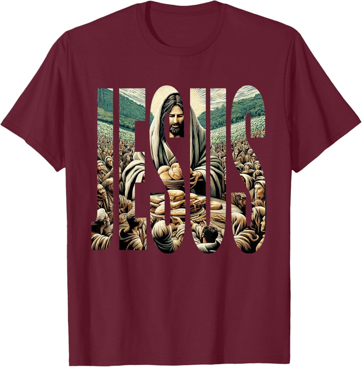 Jesus Miracle Feeding of Five Thousand People 5 + 2 T-Shirt - T-Shirt | Maroon