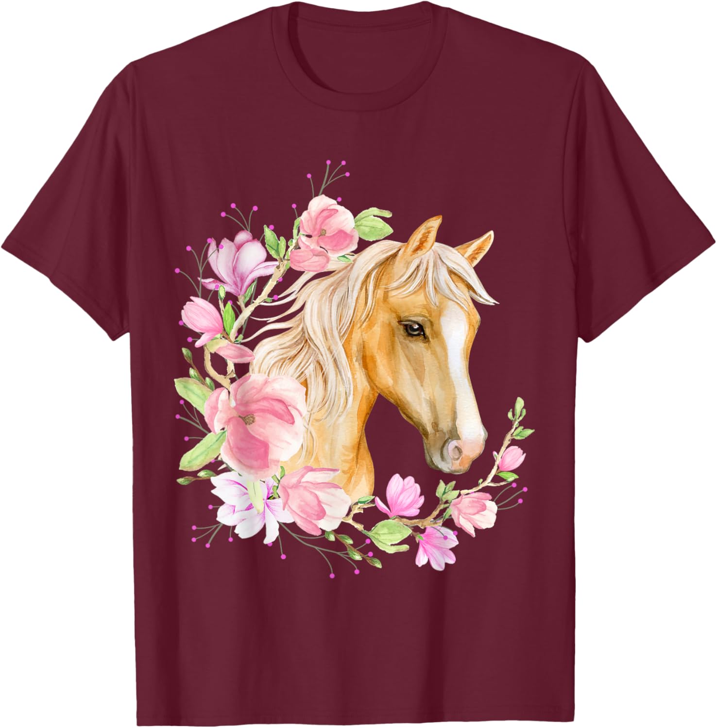Palomino Horse, Magnolias, Horse Lovers, Blonde Horse Floral T-Shirt - T-Shirt | Maroon