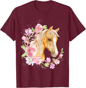 Palomino Horse, Magnolias, Horse Lovers, Blonde Horse Floral T-Shirt - T-Shirt | Maroon
