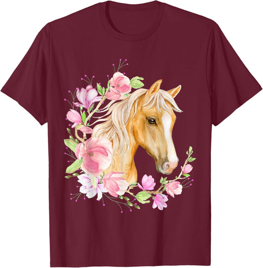 Palomino Horse, Magnolias, Horse Lovers, Blonde Horse Floral T-Shirt - T-Shirt | Maroon