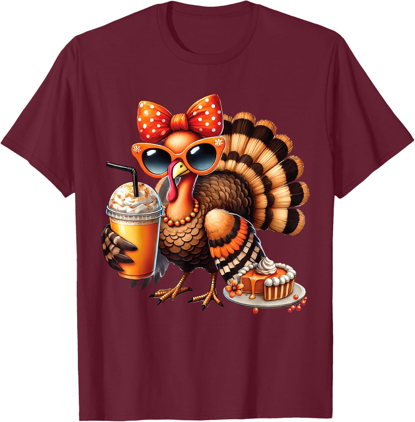 Turkey Drinking Coffee Bow Thanksgiving Turkey Day T-Shirt - T-Shirt | Maroon