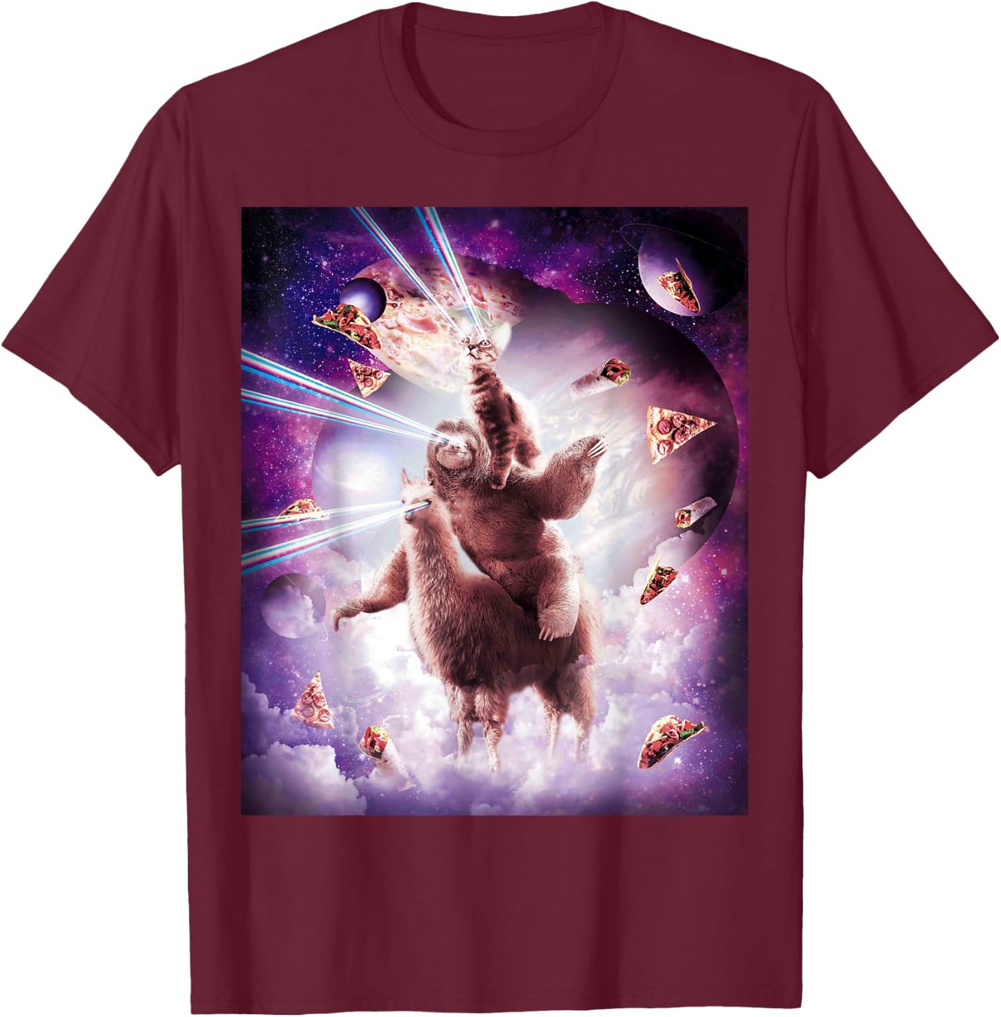 Laser Eyes Space Cat Riding Sloth, Llama - Rainbow T-Shirt - T-Shirt | Maroon