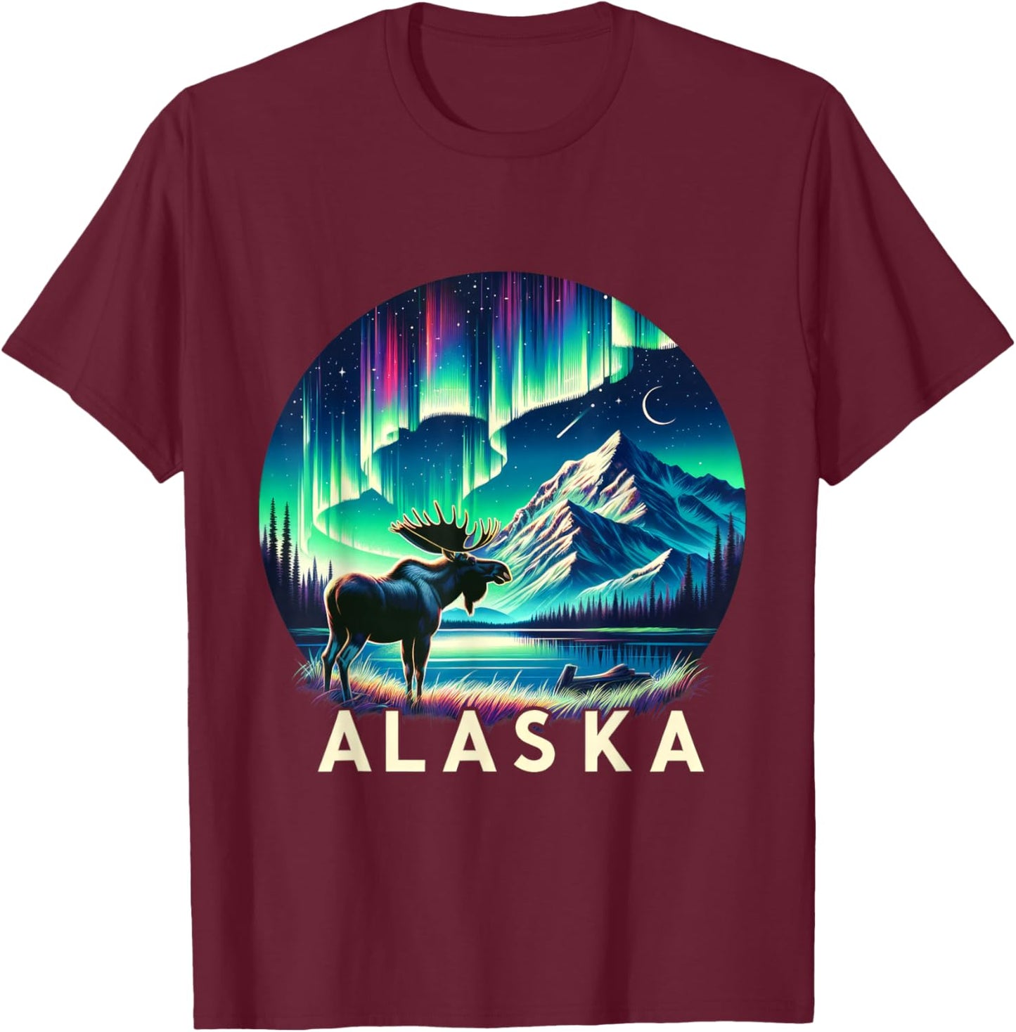 Alaska Northern Lights Aurora Viewing Moose Vacation Alaska T-Shirt - T-Shirt | Maroon