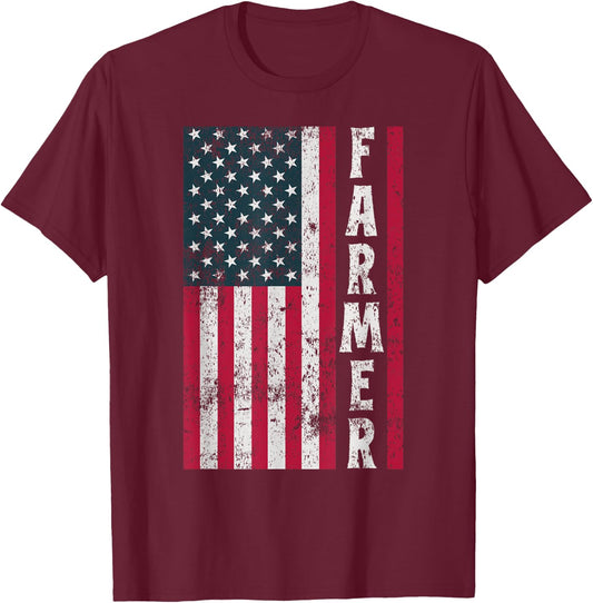 Farmer Farming American Flag USA Farm Patriotic T-Shirt - T-Shirt | Maroon