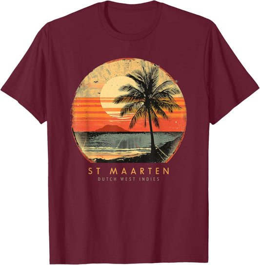St. Maarten Caribbean Islands Palm Tree Vintage Beach T-Shirt - T-Shirt | Maroon