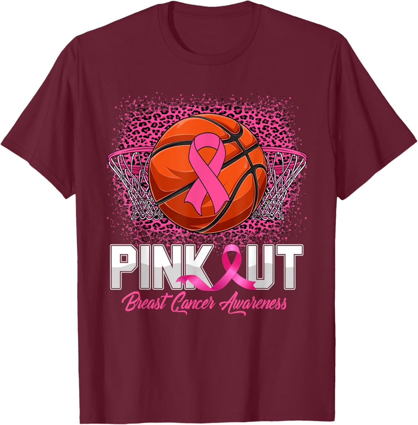 Pink Out Breast Cancer Awareness Basketball Leopard Bleached T-Shirt - T-Shirt | Maroon