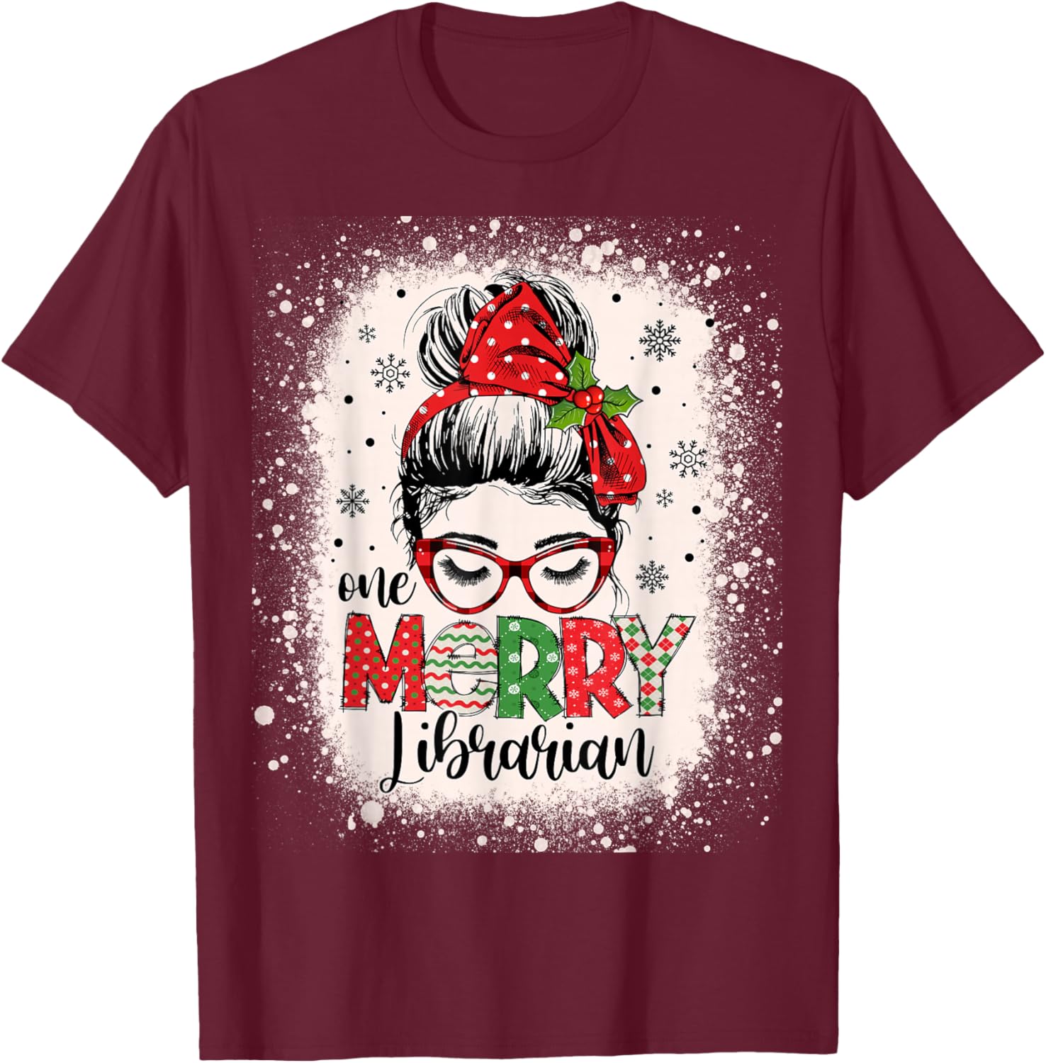 Merry Librarian Messy Bun School Librarian Christmas Library T-Shirt - T-Shirt | Maroon