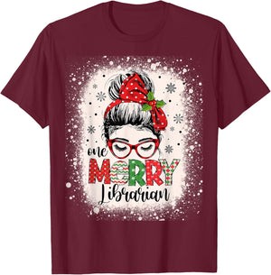 Merry Librarian Messy Bun School Librarian Christmas Library T-Shirt - T-Shirt | Maroon