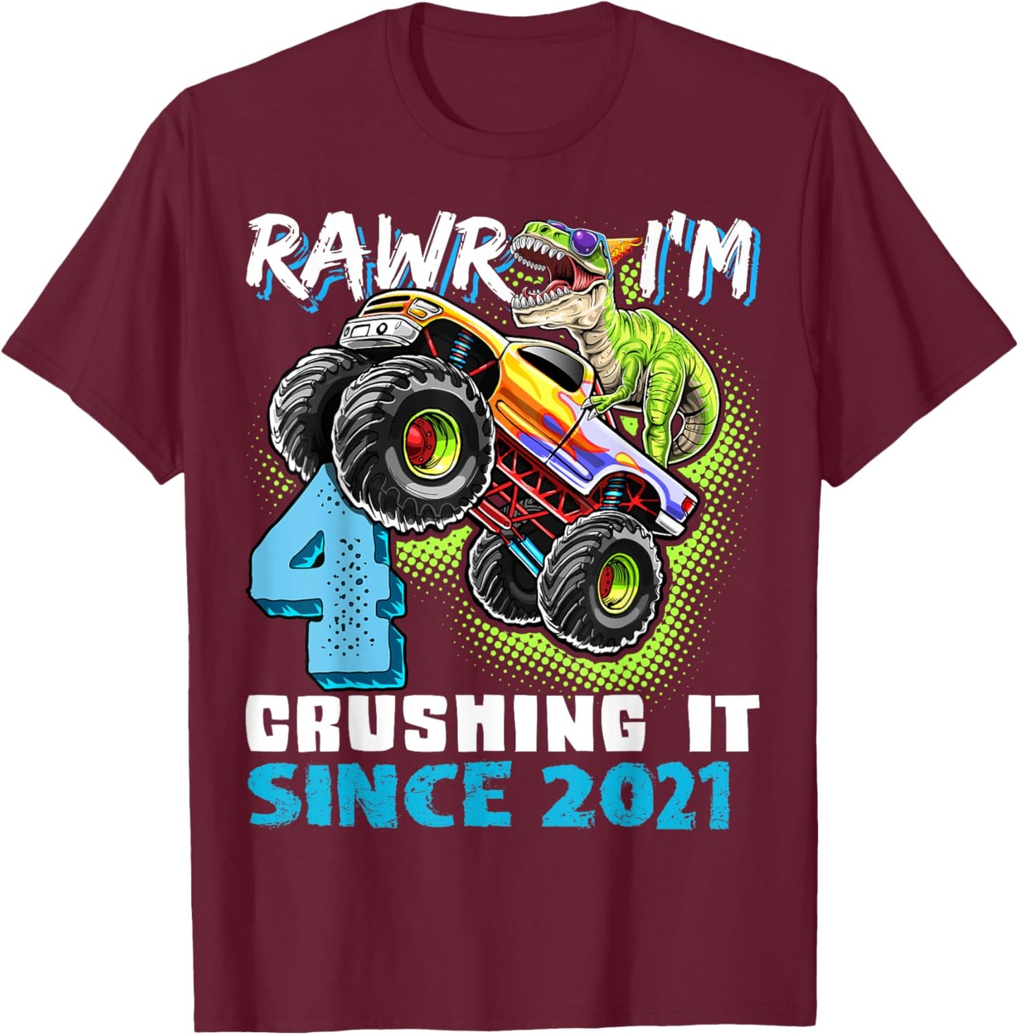 4th Birthday Monster Truck Dinosaur Party Boys Rawr I'm 4 T-Shirt - T-Shirt | Maroon