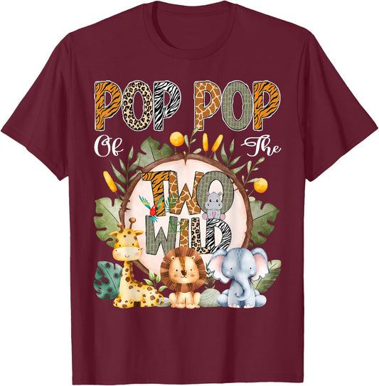Pop Pop Of The Two Wild Animal Safari 2Nd Birthday Party T-Shirt - T-Shirt | Maroon