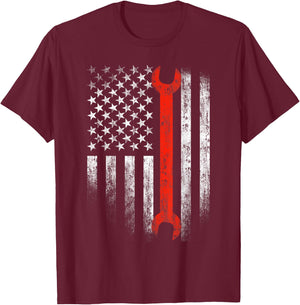 American Flag Mechanic Wrench Shirt Patriotic Car Van Tank Women Men T-Shirt - T-Shirt | Maroon