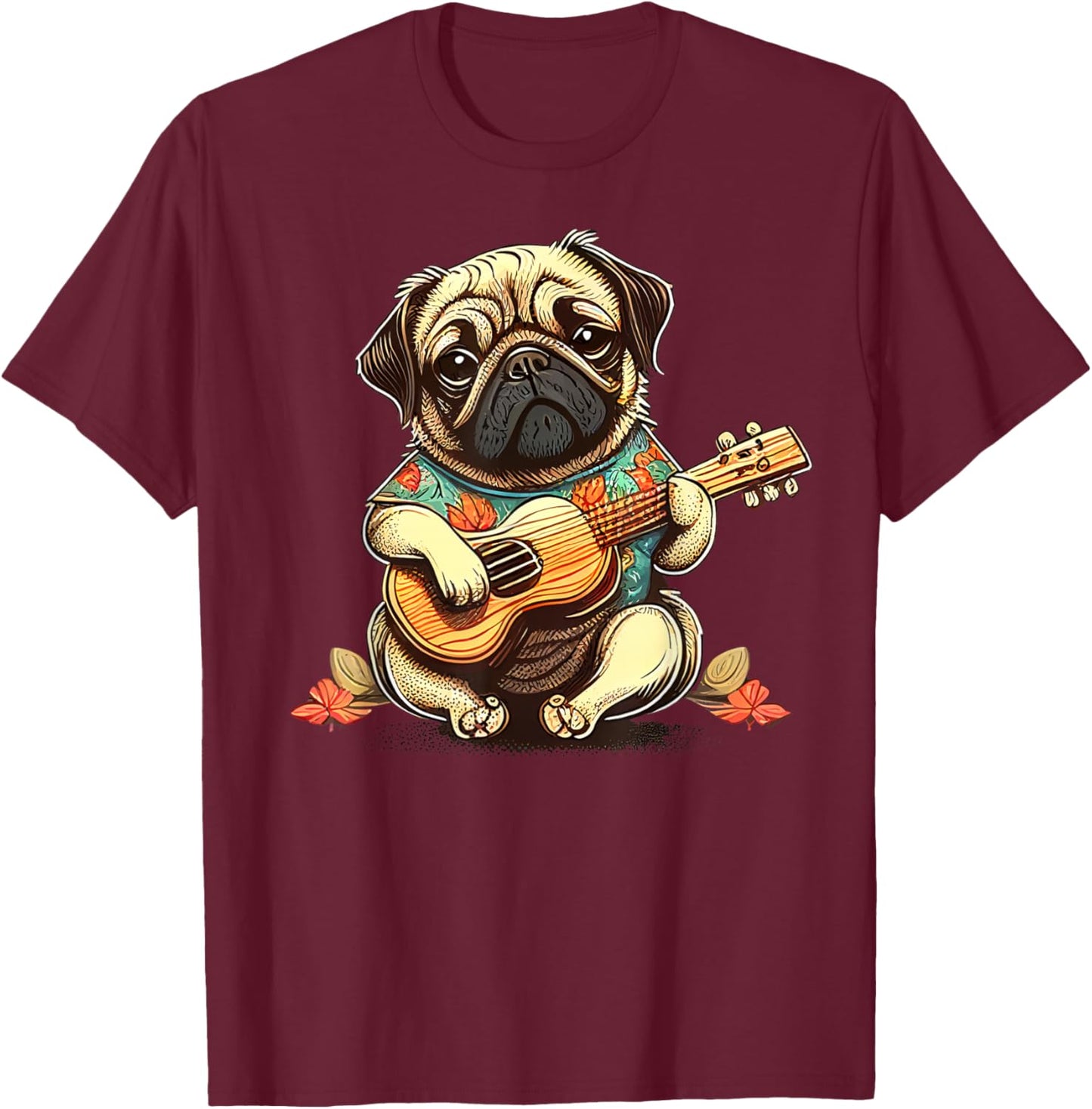 Pug Dog Playing Ukulele T-Shirt - T-Shirt | Maroon