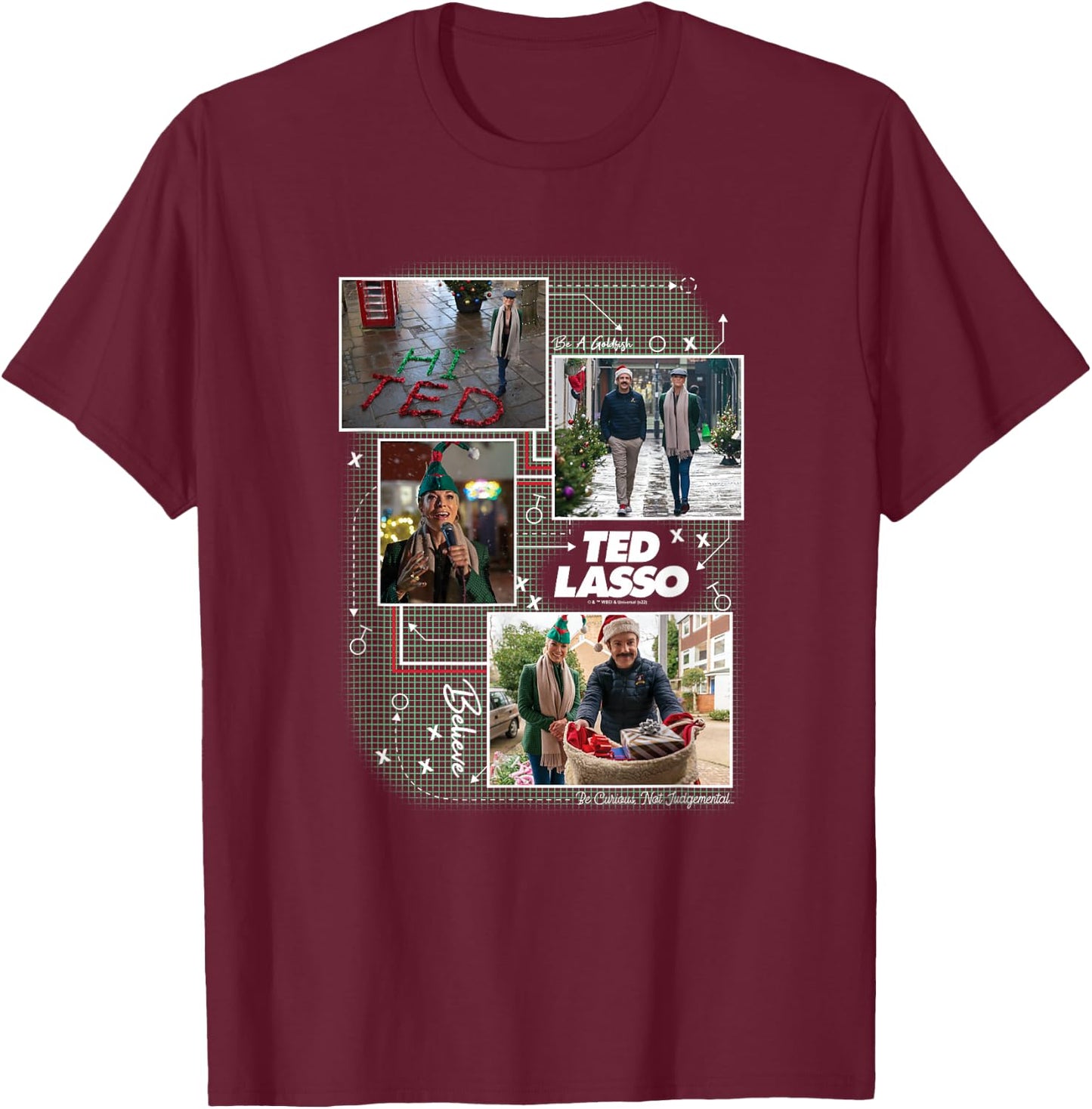Ted Lasso -Adults Black Graphic , Small, Short Sleeve, Modern, Casual, Soccer, Holiday, Christmas T-Shirt - T-Shirt | Maroon