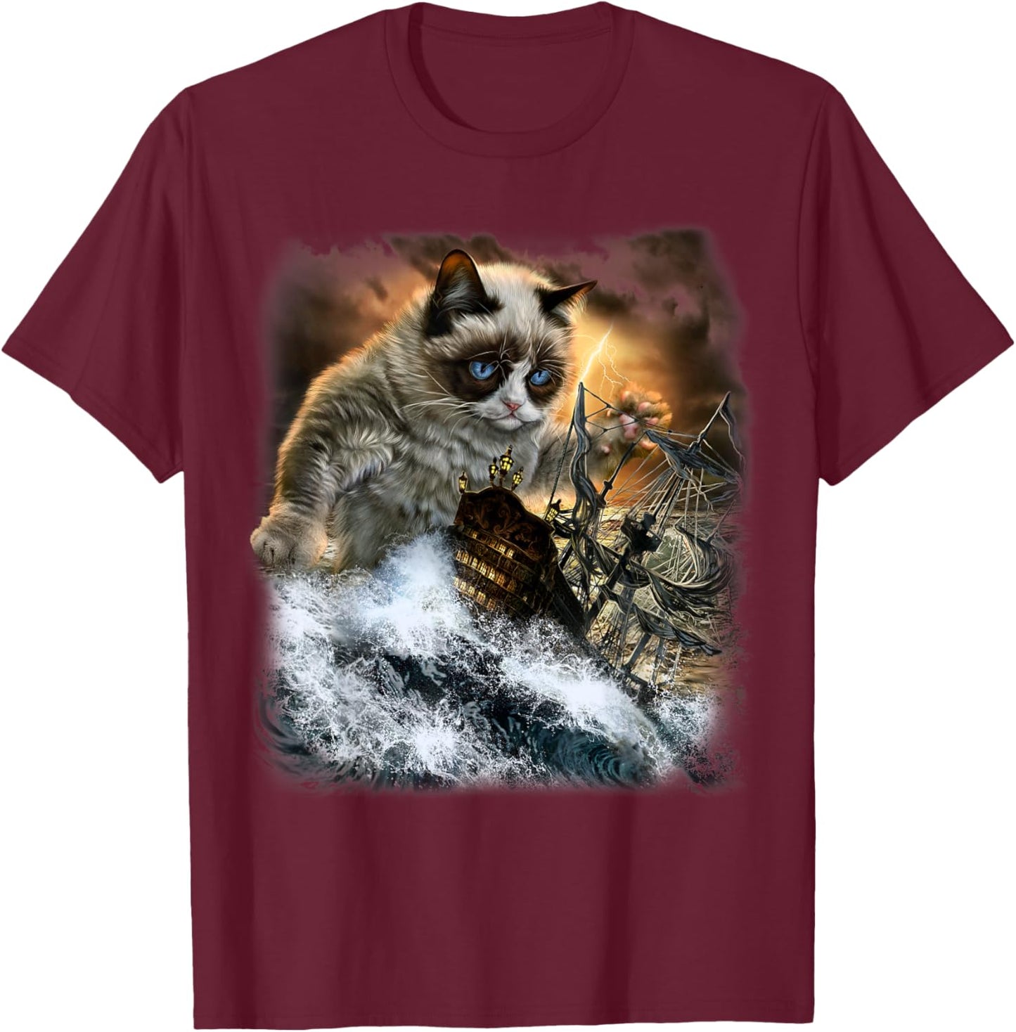 Giant Siamese Cat Ambush a Royal Navy Ship of the Line T-Shirt - T-Shirt | Maroon