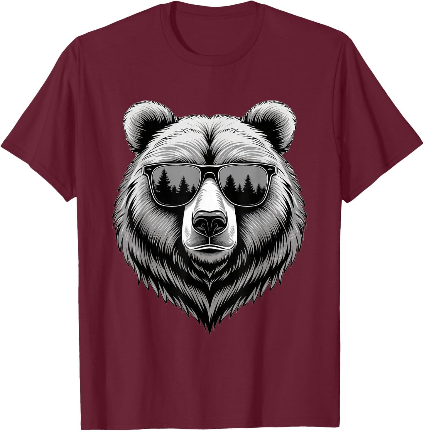 Bear with Sunglasses and Forest Reflection T-Shirt - T-Shirt | Maroon