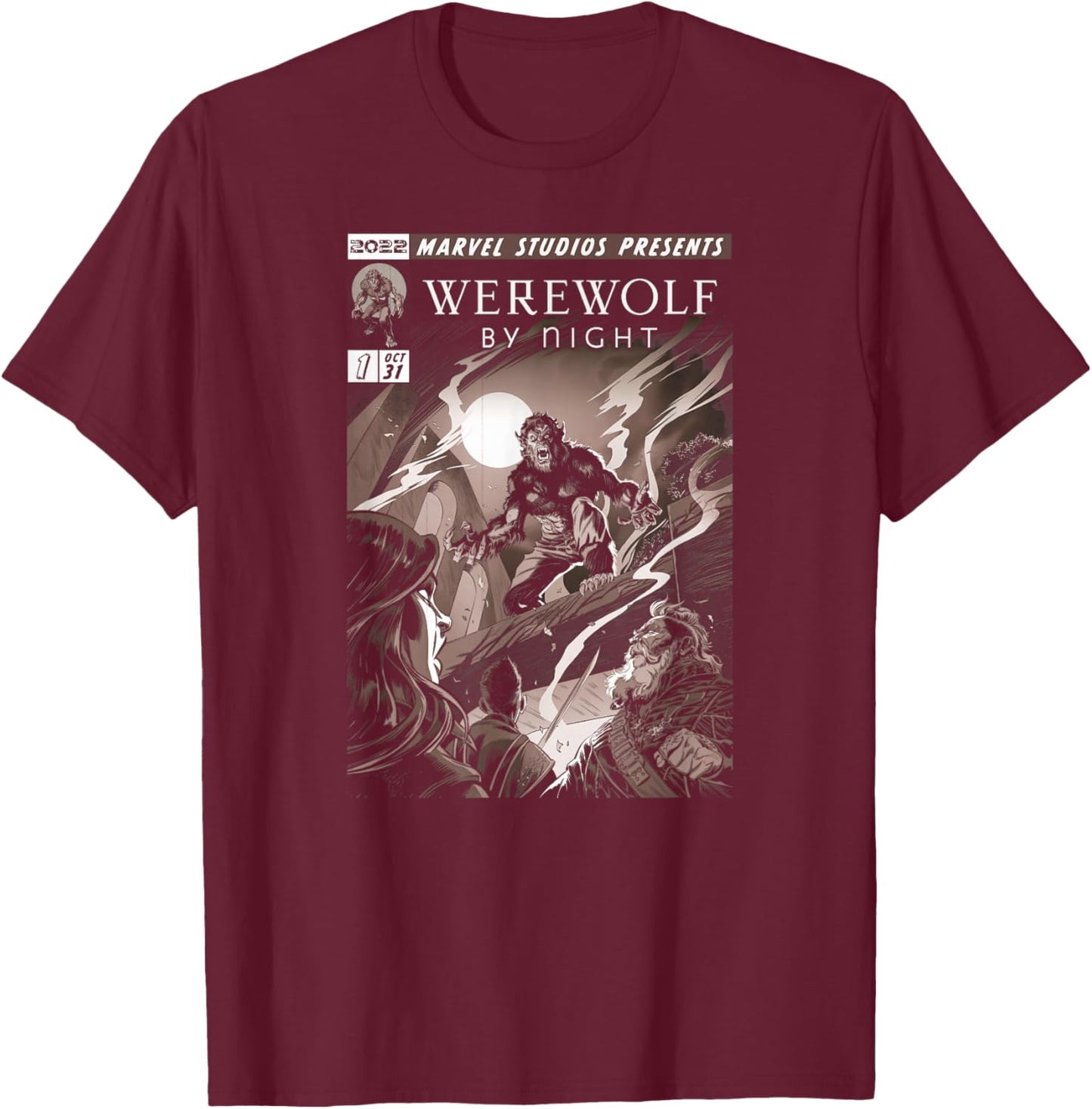 Marvel Werewolf by Night Jack Colorless Comic Cover T-Shirt - T-Shirt | Maroon