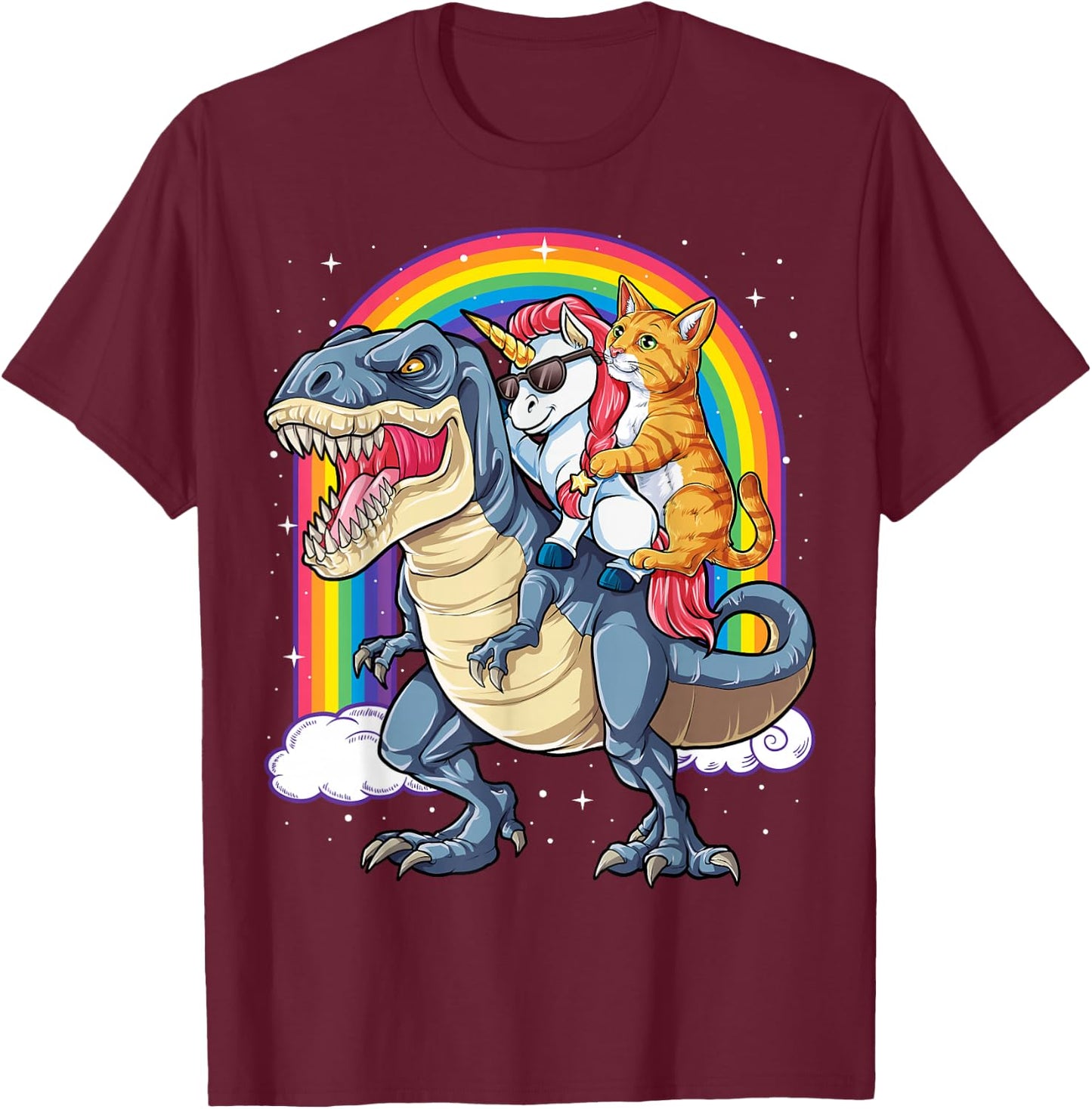 Cat Unicorn Riding Dinosaur T rex Kitten Lover Space Galaxy T-Shirt - T-Shirt | Maroon