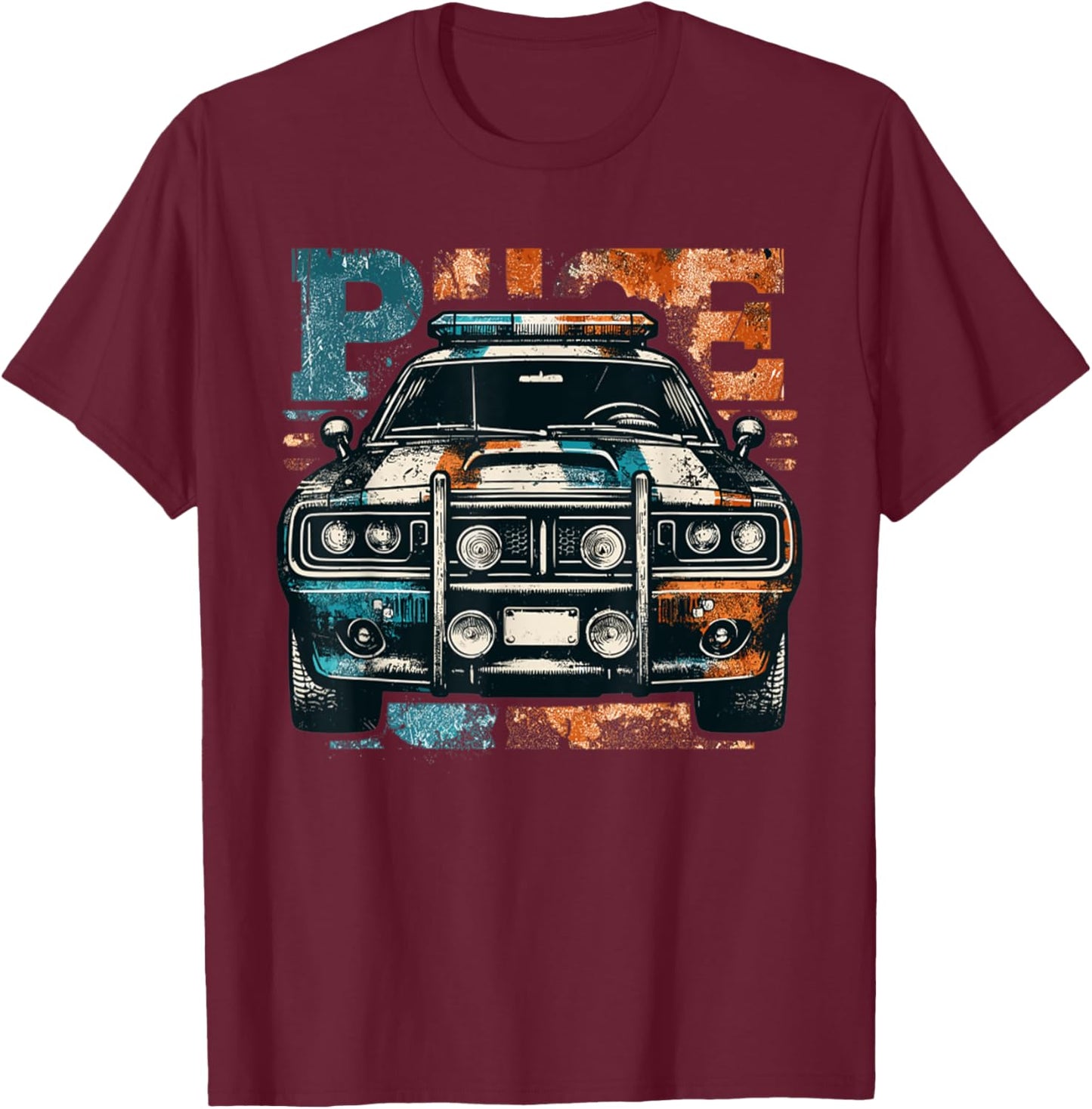 Vintage Police Car Old Car USA Flag Police Lights T-Shirt - T-Shirt | Maroon