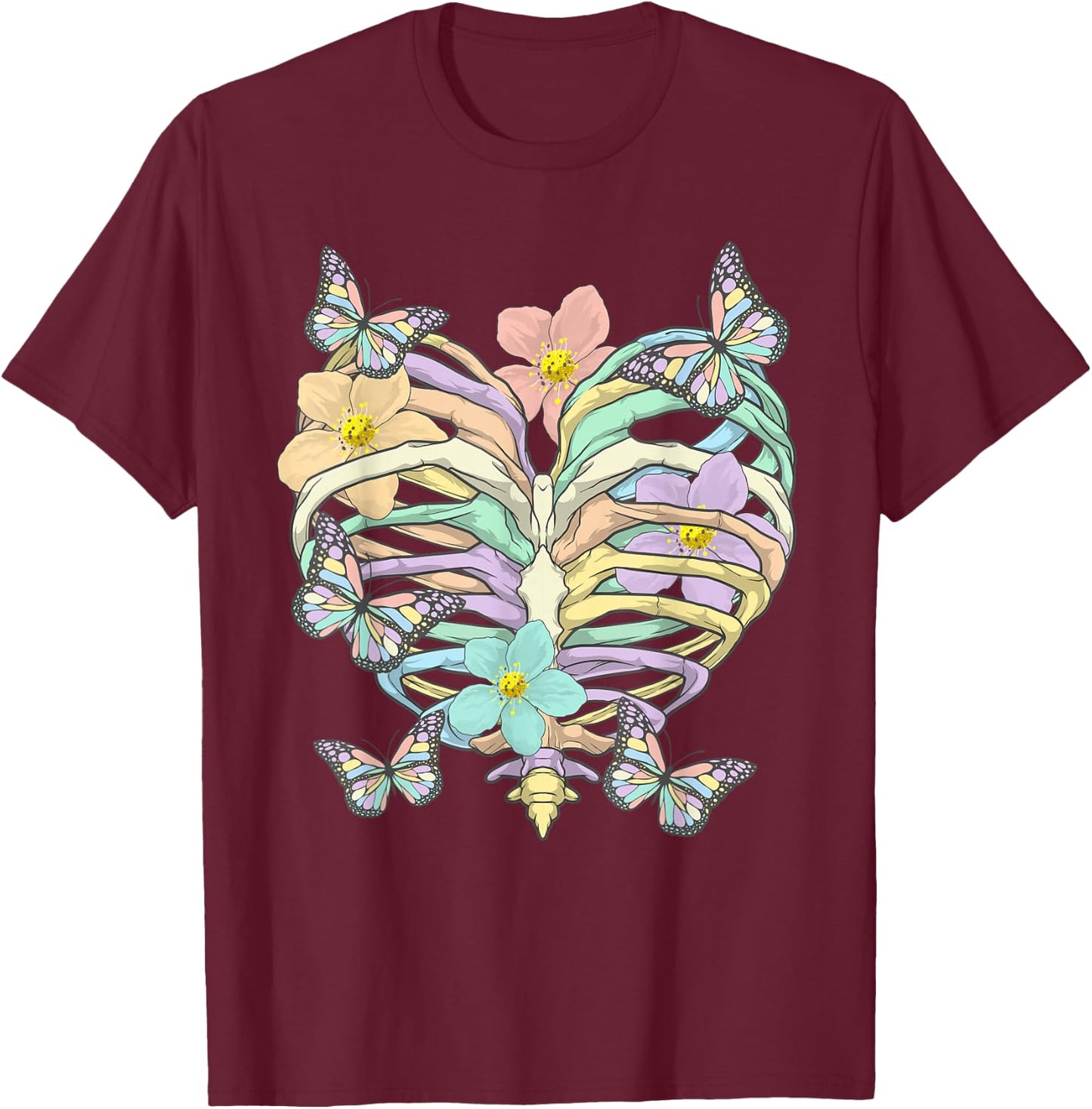 Pastel Goth Heart Ribcage Harajuku Goth Aesthetic Otaku T-Shirt - T-Shirt | Maroon