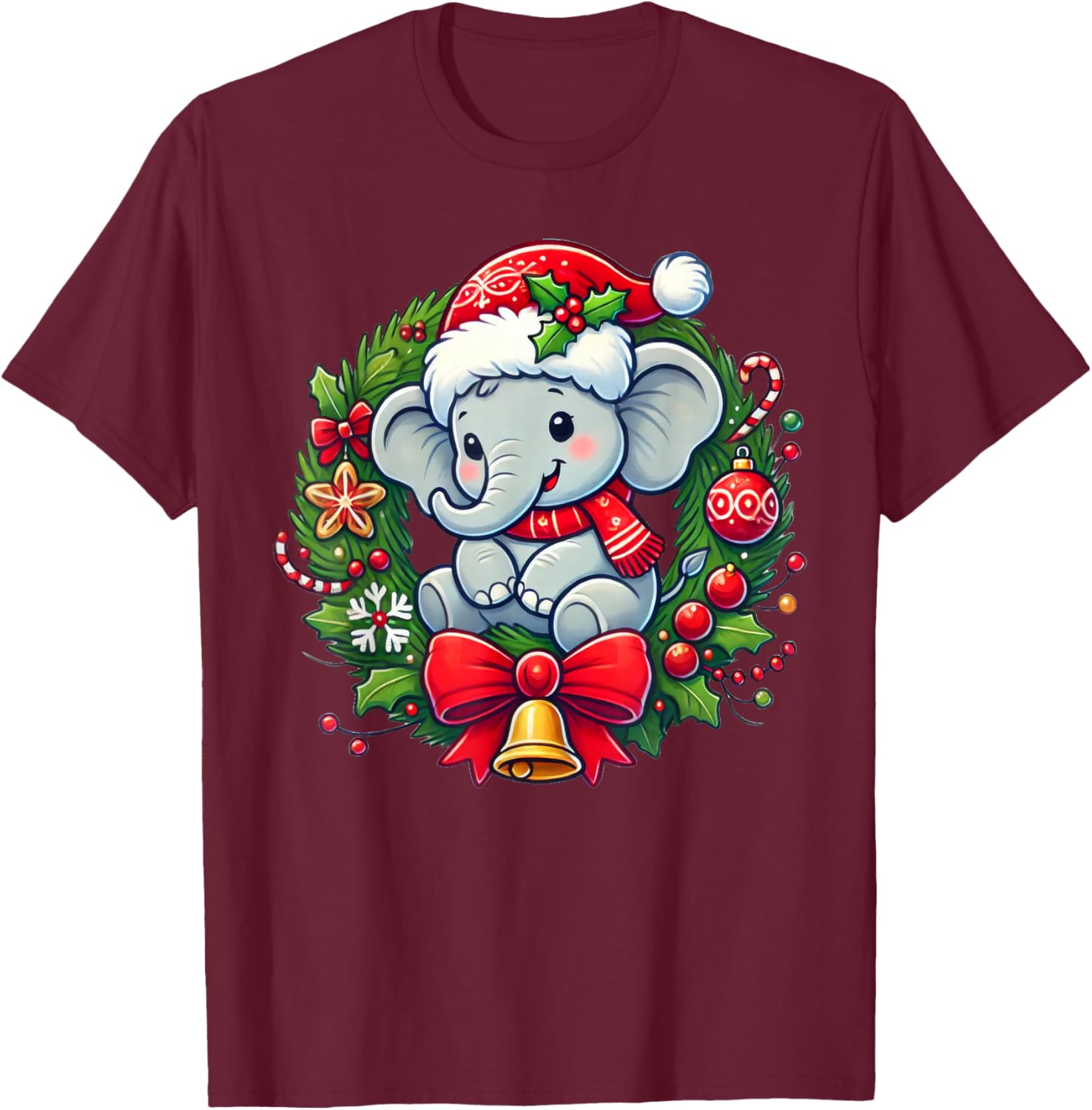Elephant Santa Hat Christmas Xmas T-Shirt - T-Shirt | Maroon