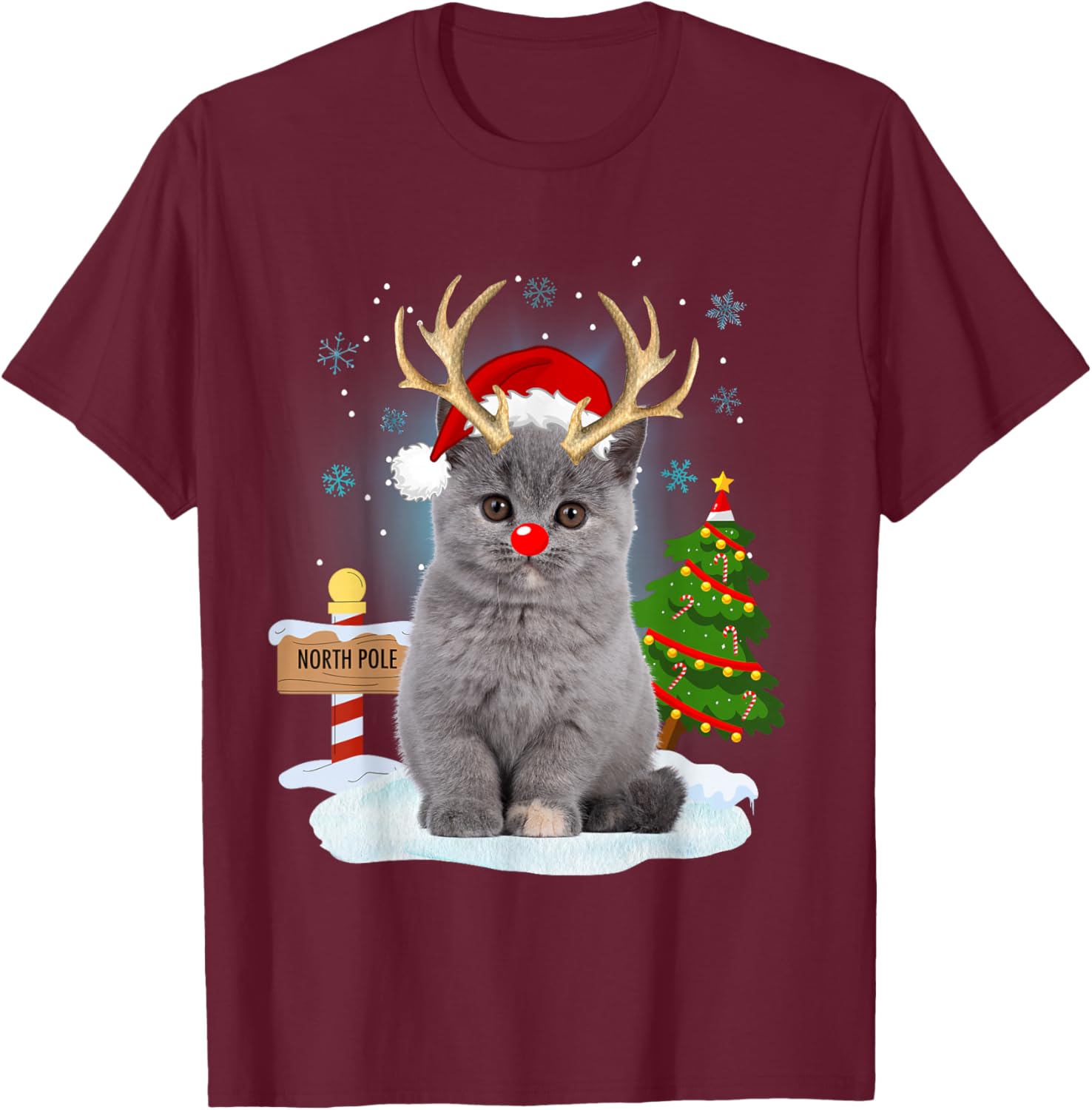 Funny Ugly Sweater Cat Reindeer North Pole Christmas T-Shirt - T-Shirt | Maroon