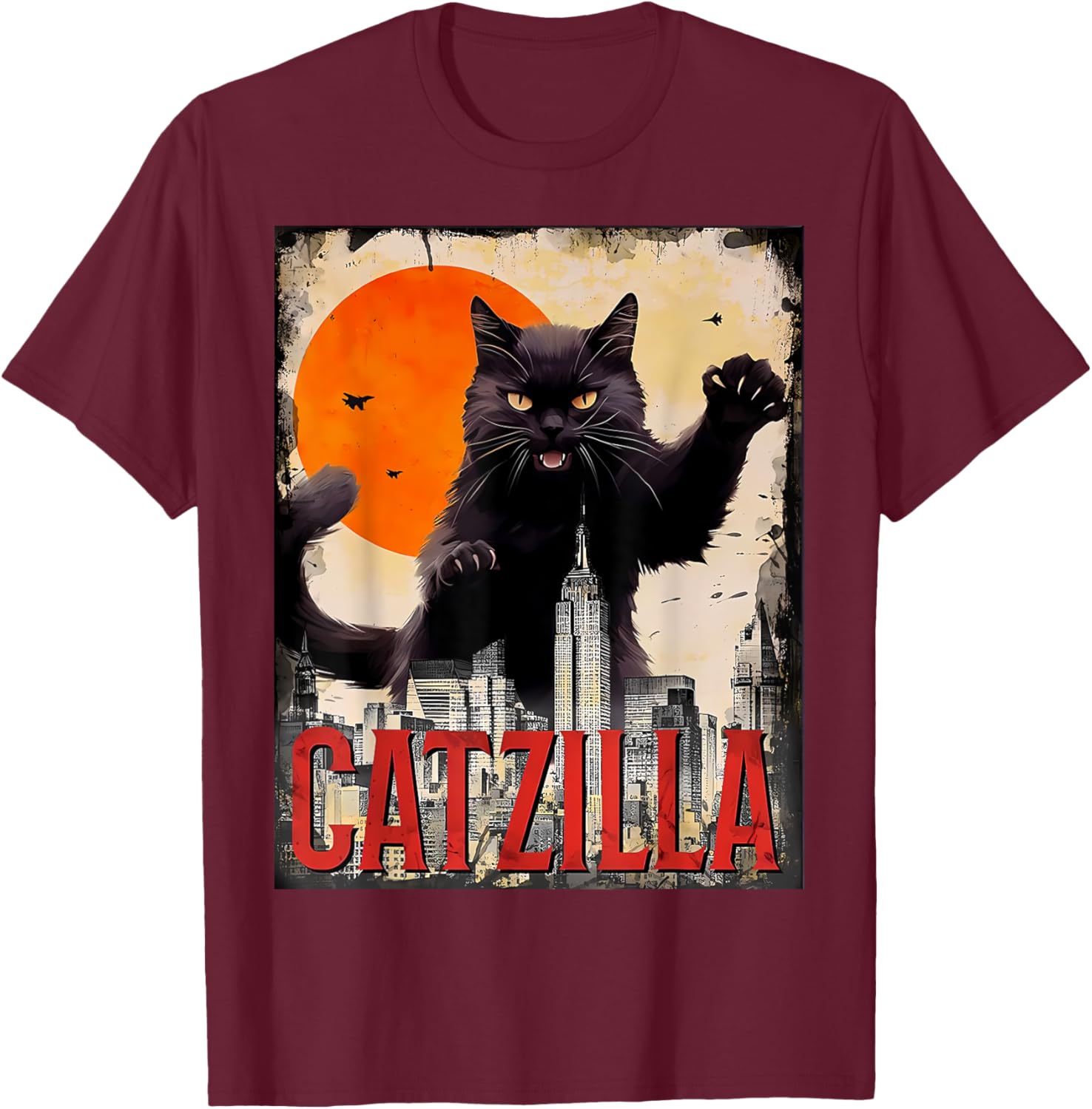 Catzilla Cat Art Funny Cat Gifts T-Shirt - T-Shirt | Maroon