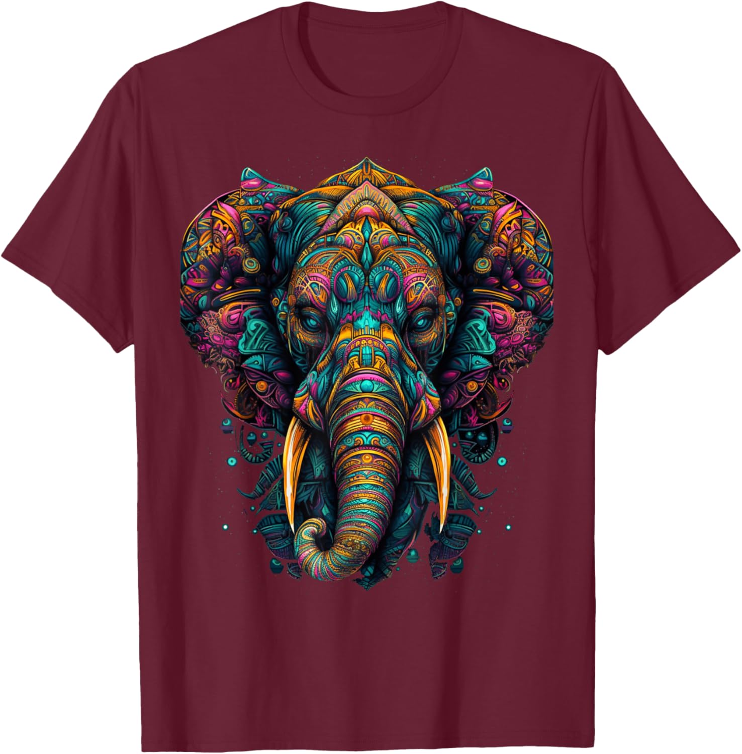 Colorful Elephant | Psychedelic Art Trippy Hippie Men Women T-Shirt - T-Shirt | Maroon