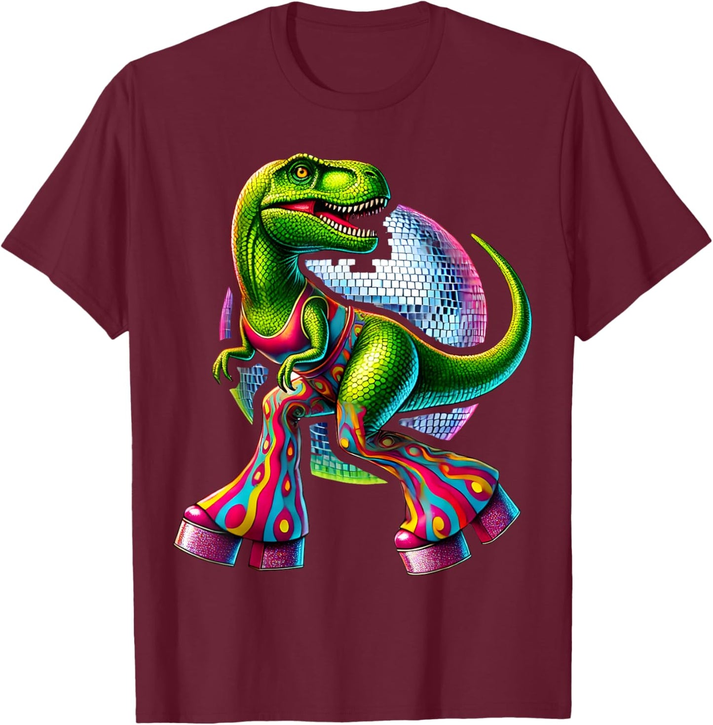 Funny Dancing Dinosaur, Disco Dino Party, Dinosaur Retro T-Shirt - T-Shirt | Maroon