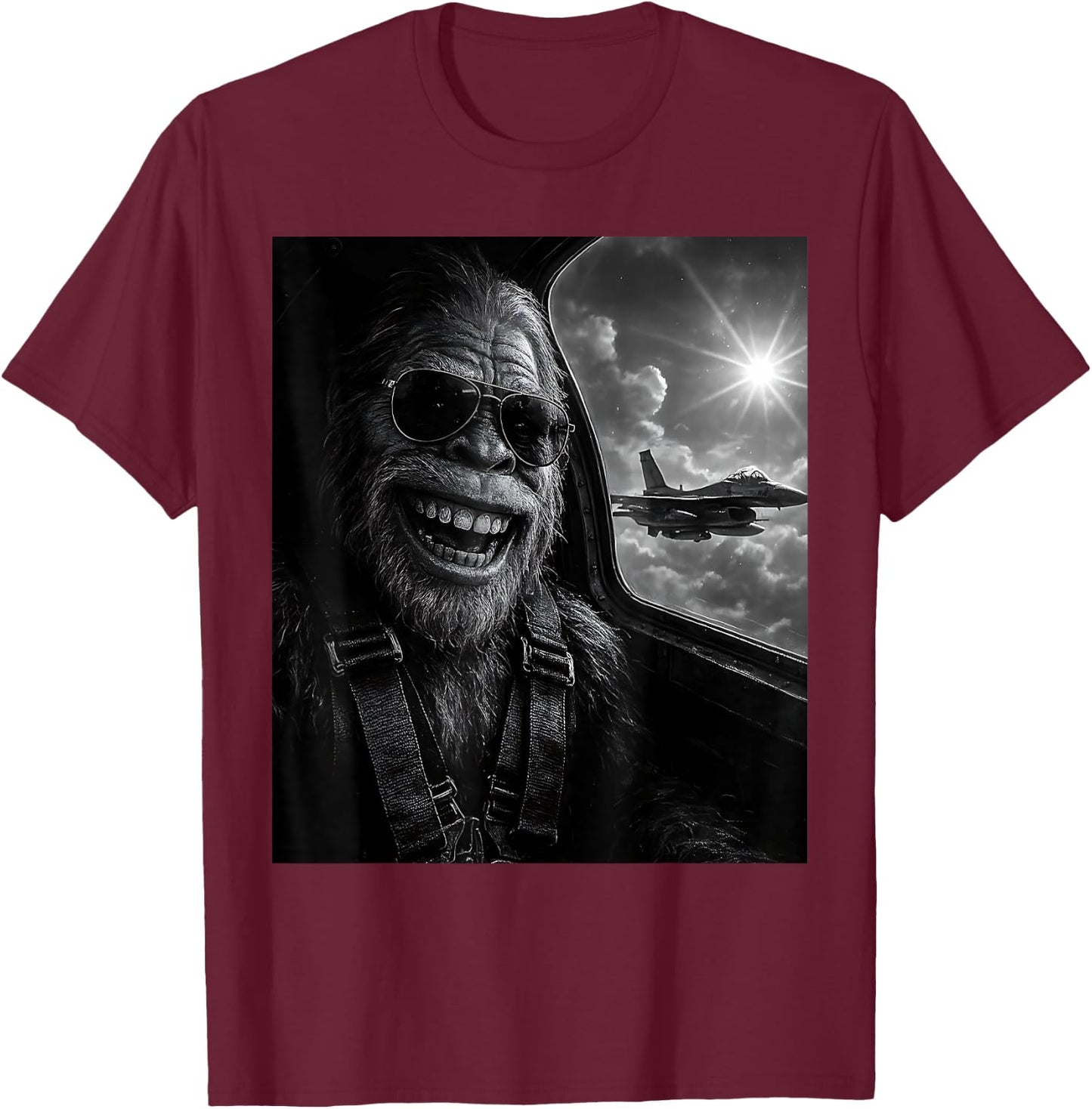 Funny Bigfoot Selfie Women Plane Jet Sasquatch T-Shirt - T-Shirt | Maroon