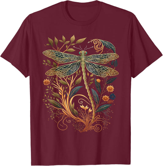 Cottagecore Floral Aesthetic Dragonfly Women Girls T-Shirt - T-Shirt | Maroon