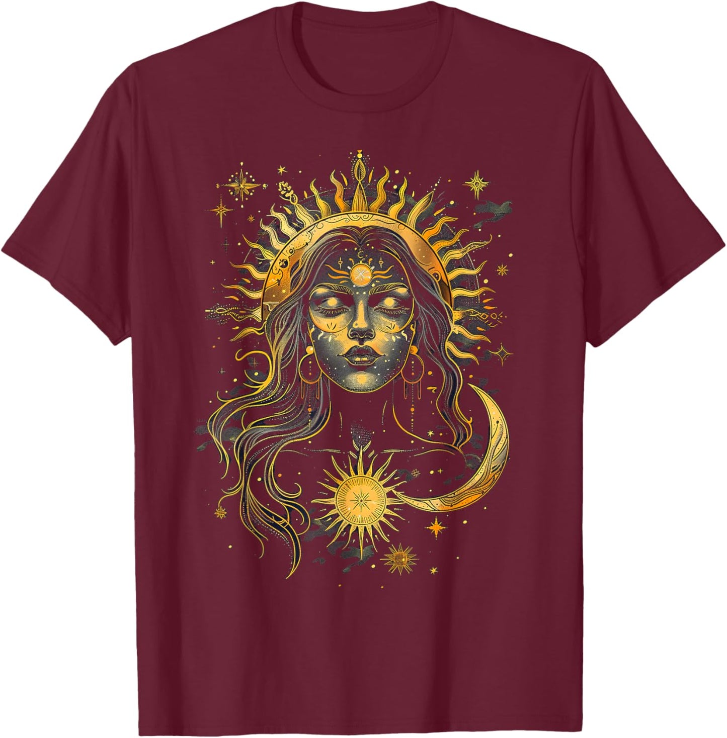 Mystic Sun and Moon Woman Mystical Flowers Aesthetic T-Shirt - T-Shirt | Maroon