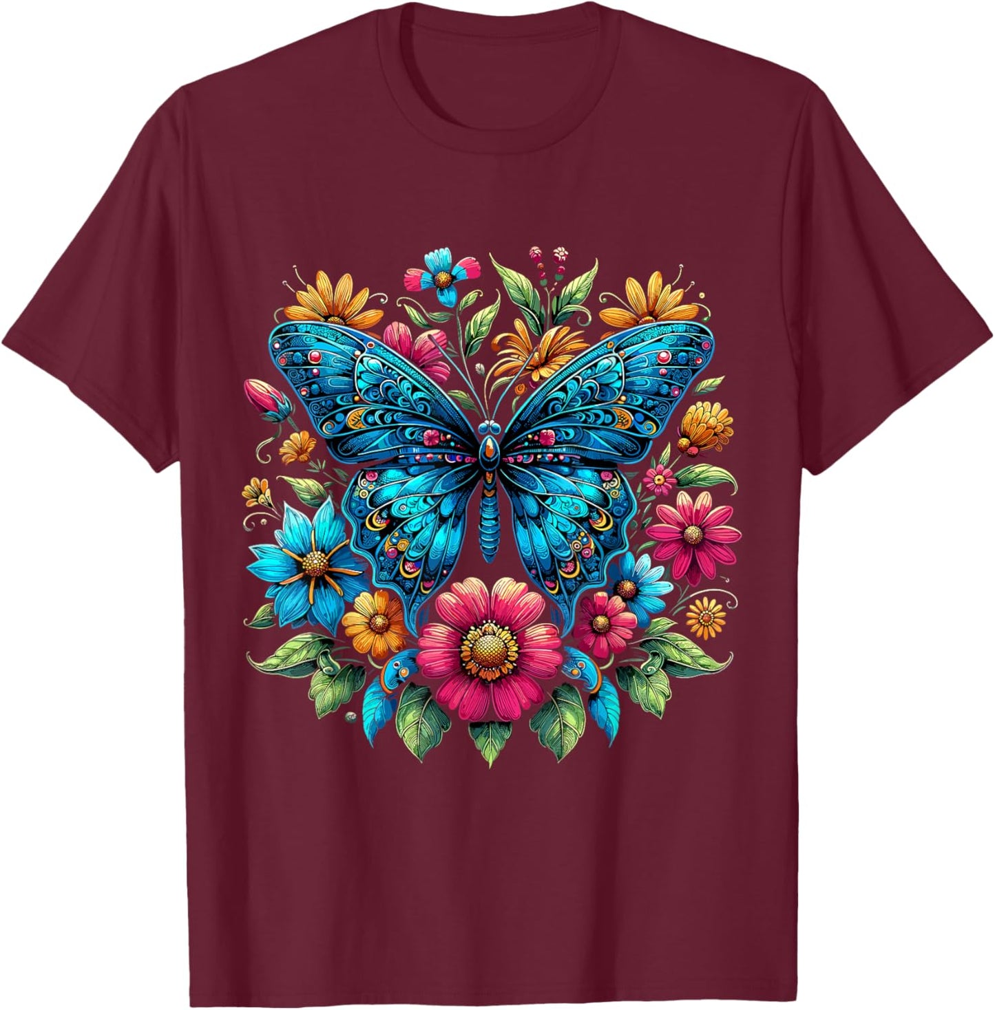 Butterfly With Flowers Aesthetic Butterfly T-Shirt - T-Shirt | Maroon