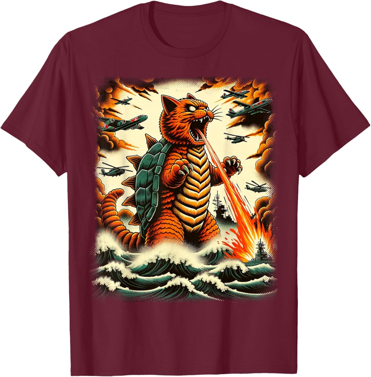 Cat Turtle Monster Kaiju Japanese Monster Funny Anime Manga T-Shirt - T-Shirt | Maroon